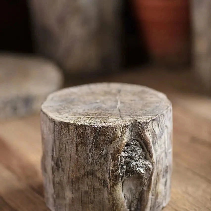 Distressed Cement Log Display Riser – Faux Wood Grain Plant Stand