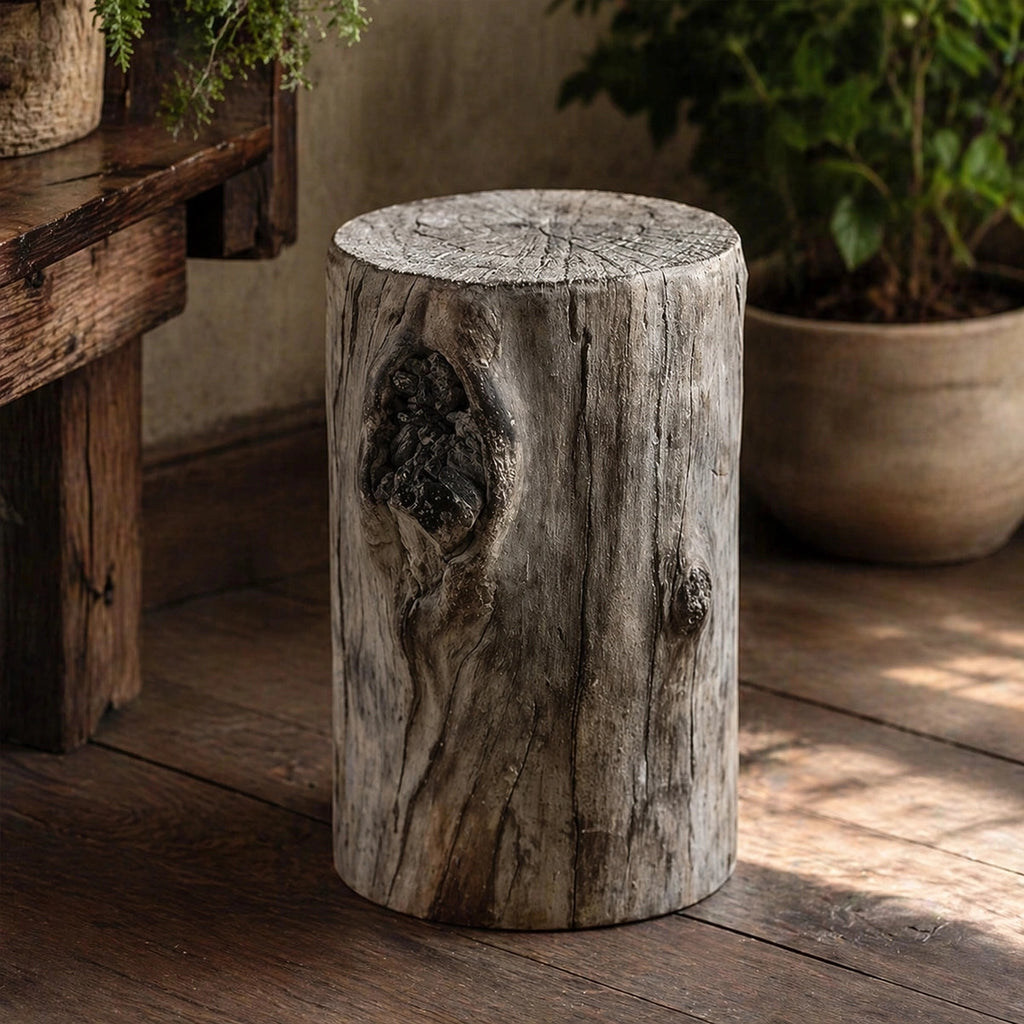Distressed Cement Log Display Riser – Faux Wood Grain Plant Stand