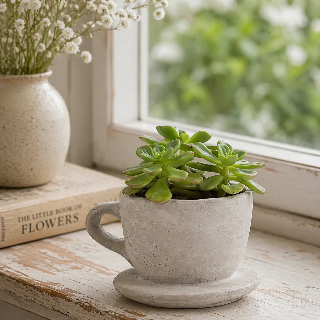 Concrete Tea Cup Planter with Attached Saucer – Cottagecore Succulent Pot