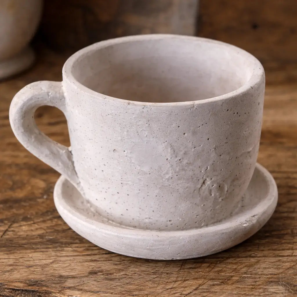 Large Cement Teacup Planter with Saucer – Cottagecore Succulent & Flower Pot