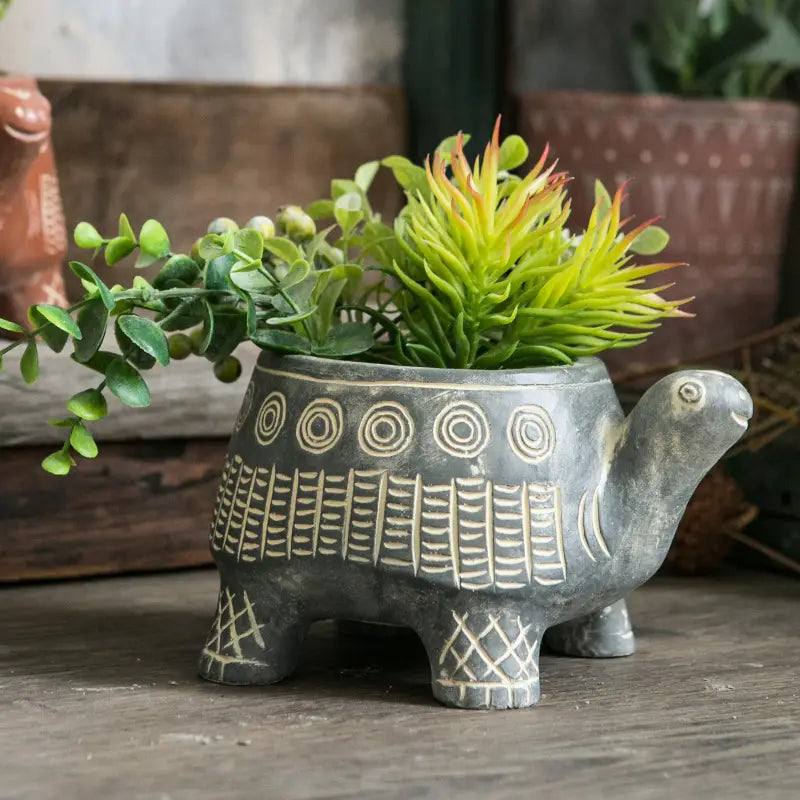 Cement Tribal Turtle Planter – Etched Boho Animal Succulent Pot