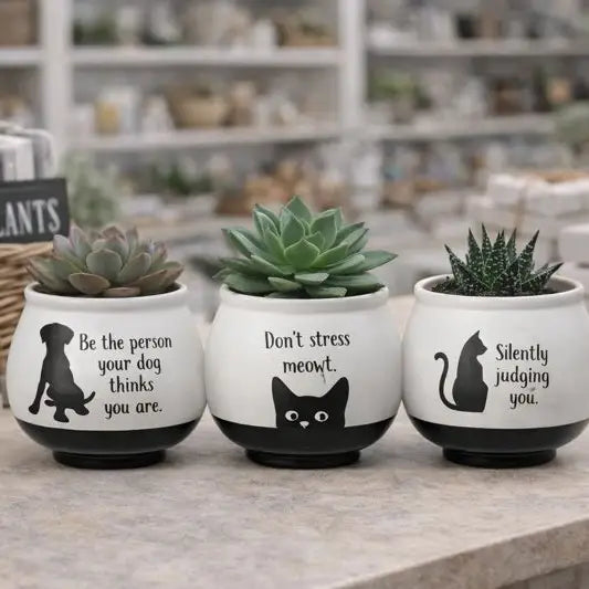 Witty Cat & Dog Quote Planter – Black & White Ceramic (Sold Individually, 3 Assorted)