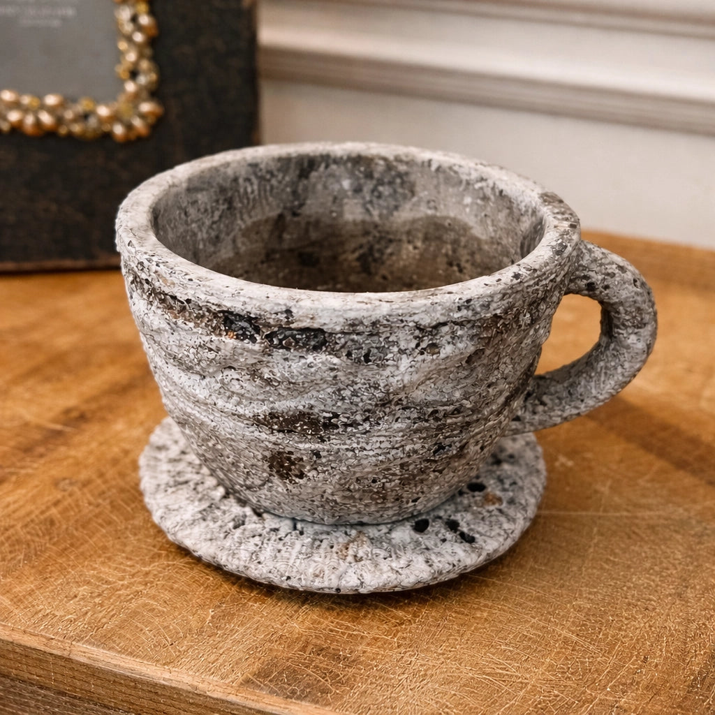 Cement Rustic Teacup Planter with Saucer – Textured Cottagecore Succulent Pot